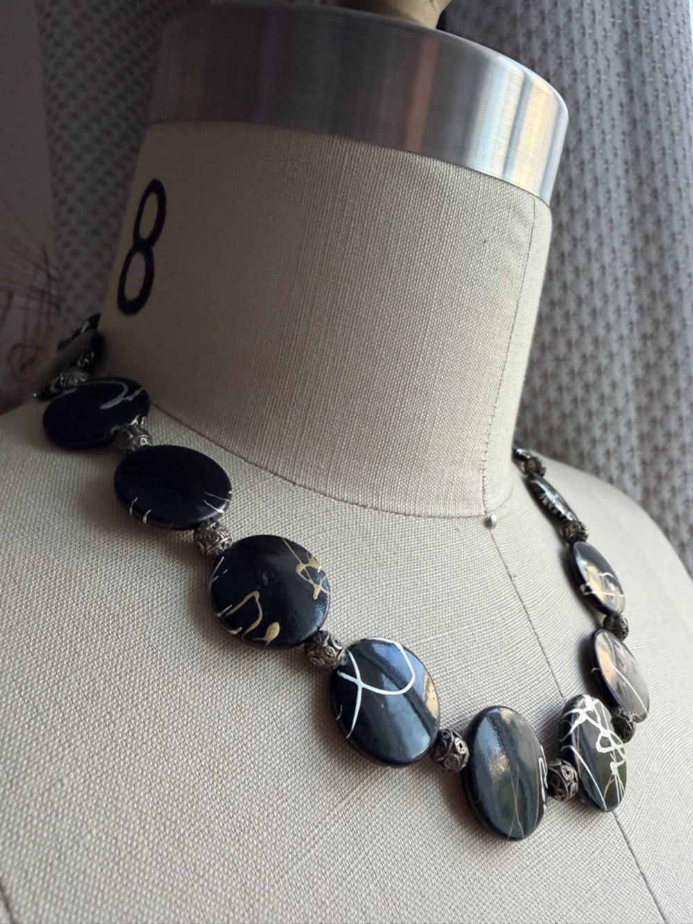 Black Silver and Gold Disc Choker Statement 16” Necklace with Toggle Closure